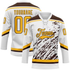 Custom White Gold-Brown 3D Splash Art Hockey Lace Neck Jersey