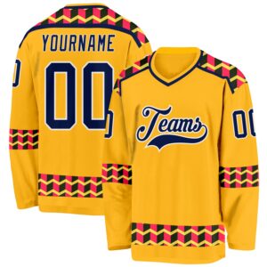 Custom Gold Navy Pink Black-White 3D Pattern Plaid Hockey Jersey
