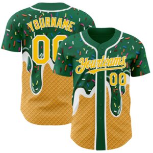 Custom Green Yellow-White Foodie Food Dessert Melting Cream Waffle Grid Authentic Baseball Jersey