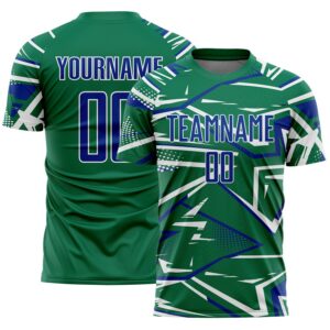 Custom Kelly Green Royal-White Abstract Geometric Stripes Sports Sublimation Soccer Uniform Jersey